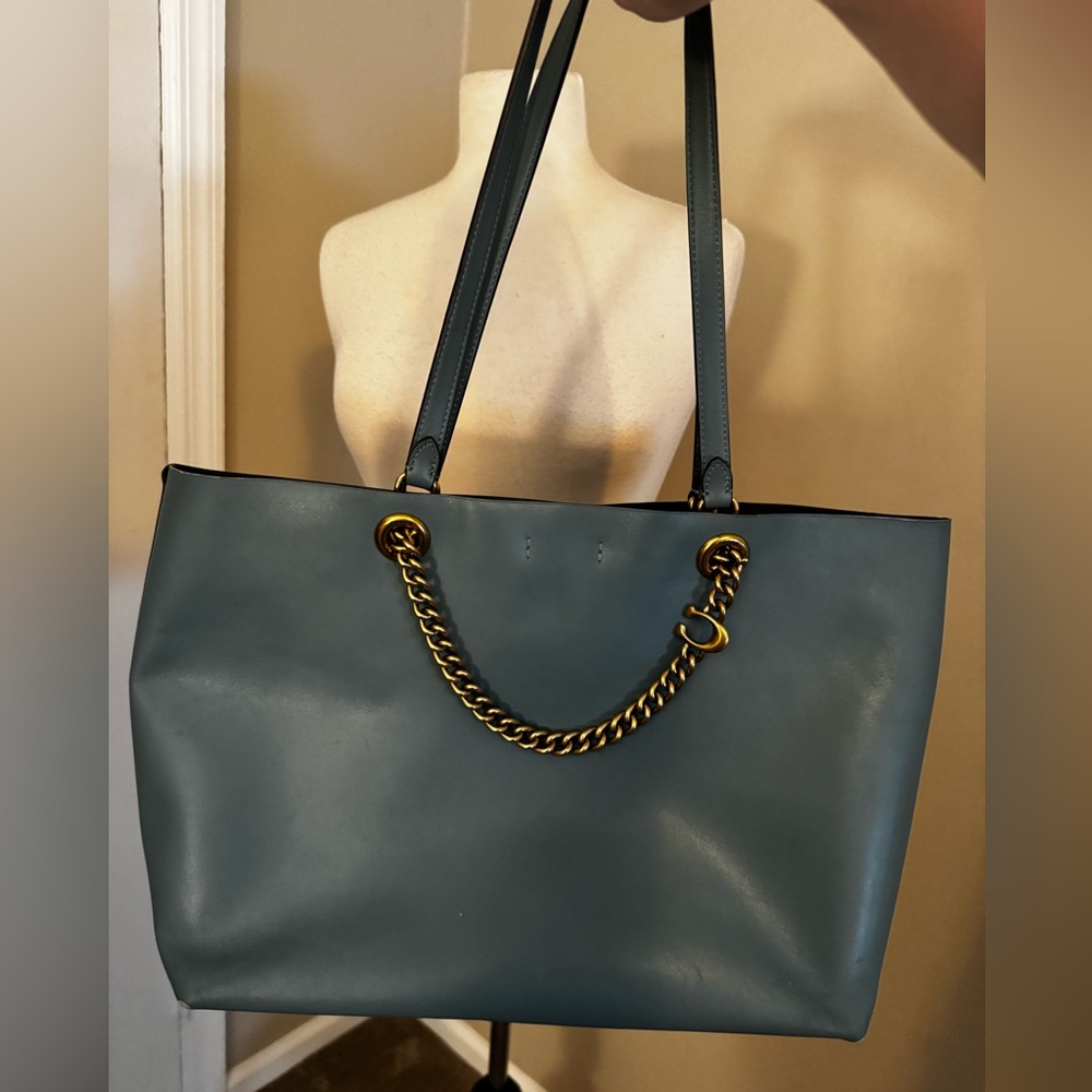 Coach Teal Leather Tote with Gold Chain - Picture 3 of 16